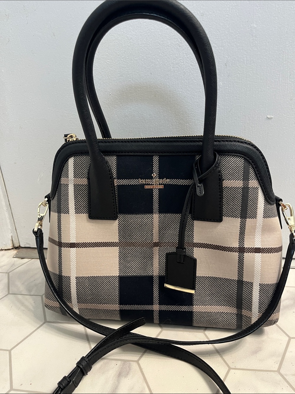 kate spade Black and Beige Plaid Dome Satchel
